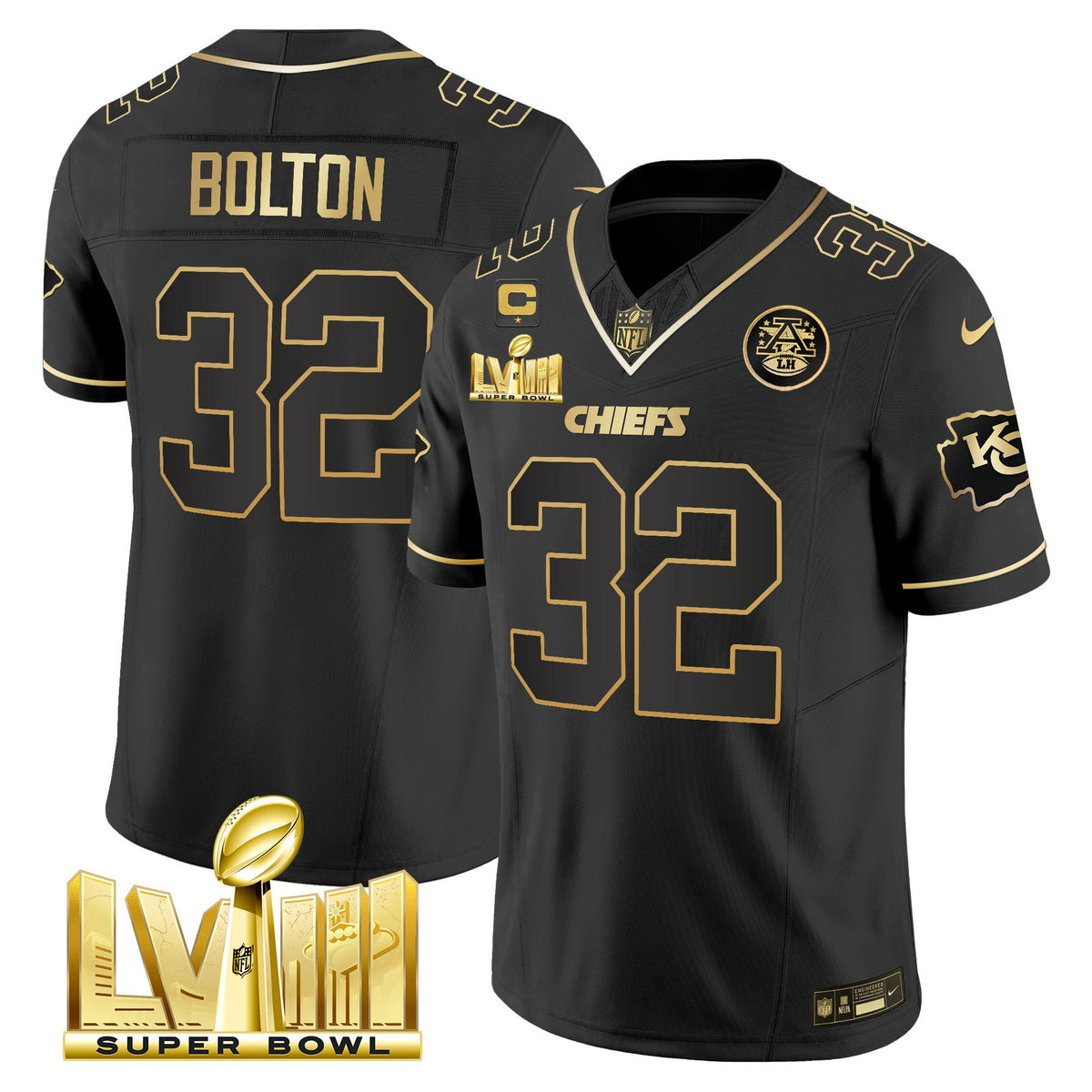 Men's Chiefs Super Bowl LVIII Gold Patch Vapor Jersey V4 - All Stitched - Black Gold - Nick Bolton — view 1