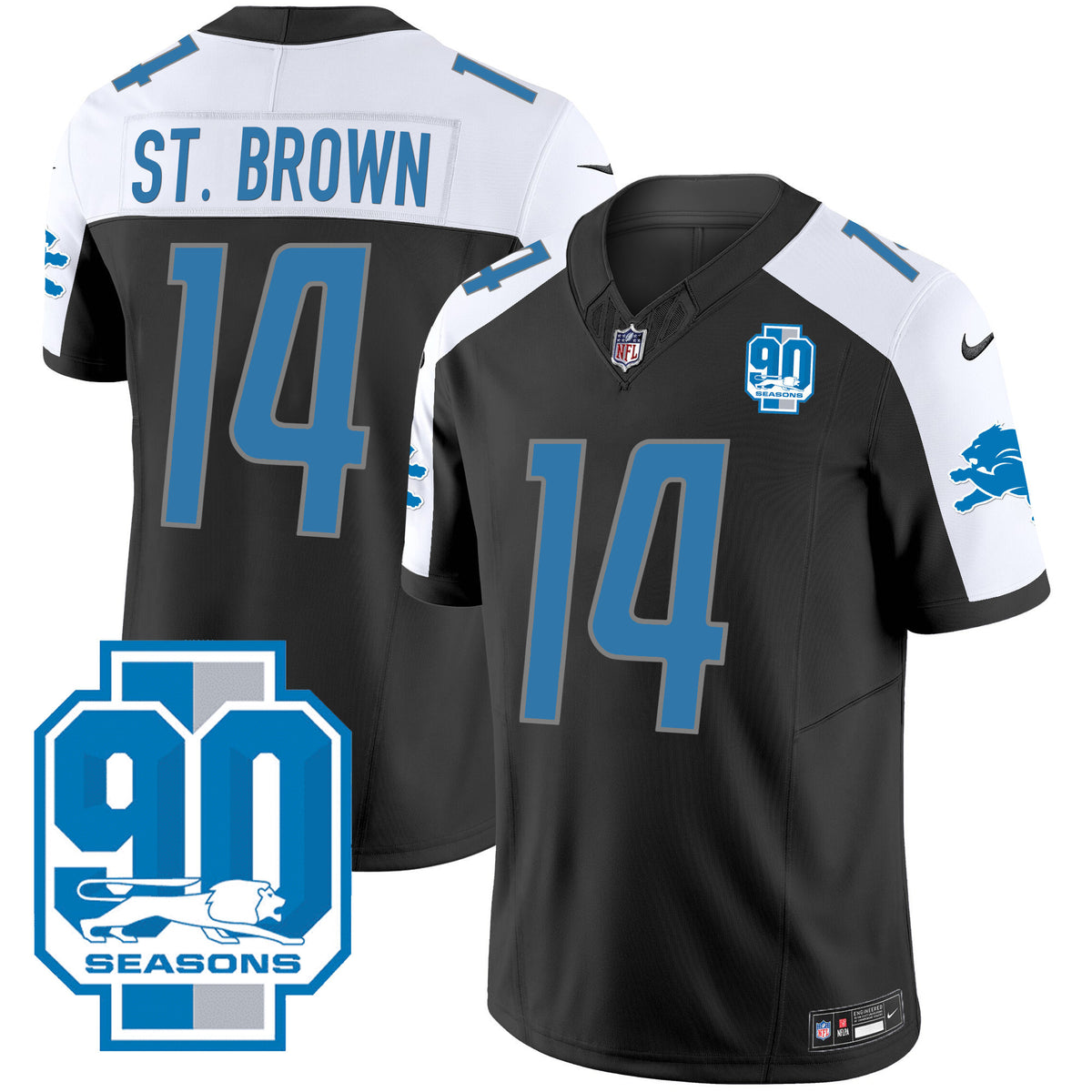Men's Detroit Lions 90th Year Patch Jersey - All Stitched - Black Alternate - St. Brown — view 1
