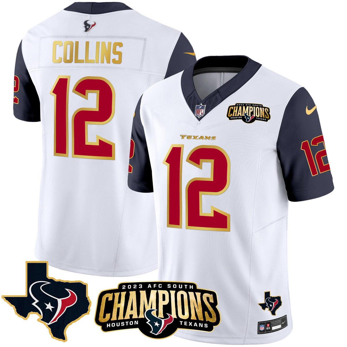 Men's Houston Texans 2023 AFC South Champions Patch Gold Trim Vapor Jersey - All Stitched - Navy Sleeves - Nico Collins — view 1
