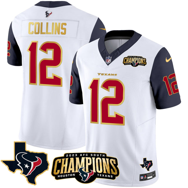Men's Houston Texans 2023 AFC South Champions Patch Gold Trim Vapor Jersey - All Stitched - Navy Sleeves - Nico Collins — view 1