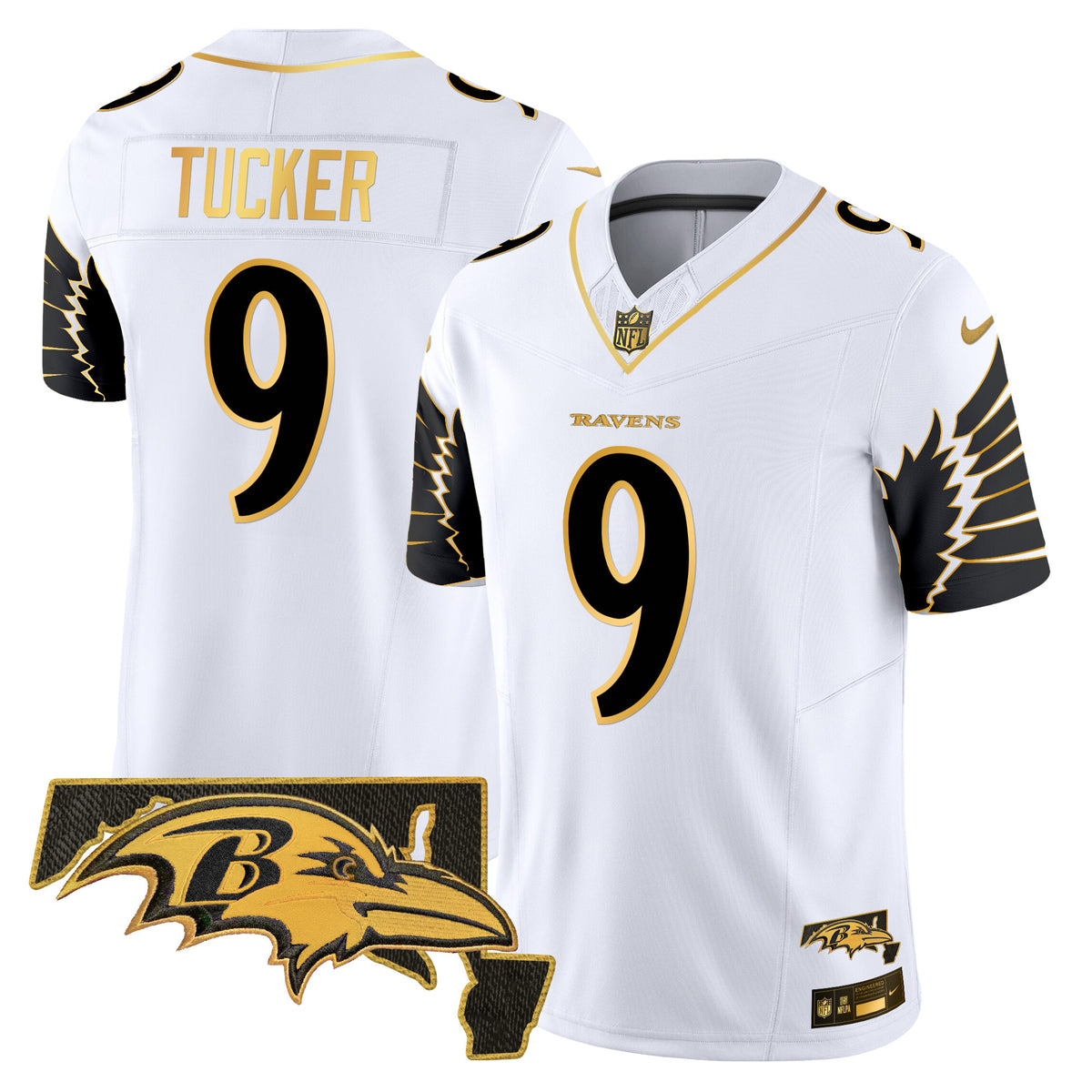 Men's Ravens Maryland Patch Gold Vapor Limited Jersey V2 - All Stitched - White Gold - Justin Tucker — view 1