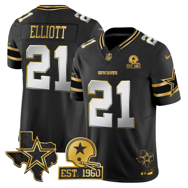 Men's Dallas Cowboys Est. 1960 & Texas Patch Gold Vapor Limited Jersey - All Stitched - Black Limited - Ezekiel Elliott — view 1