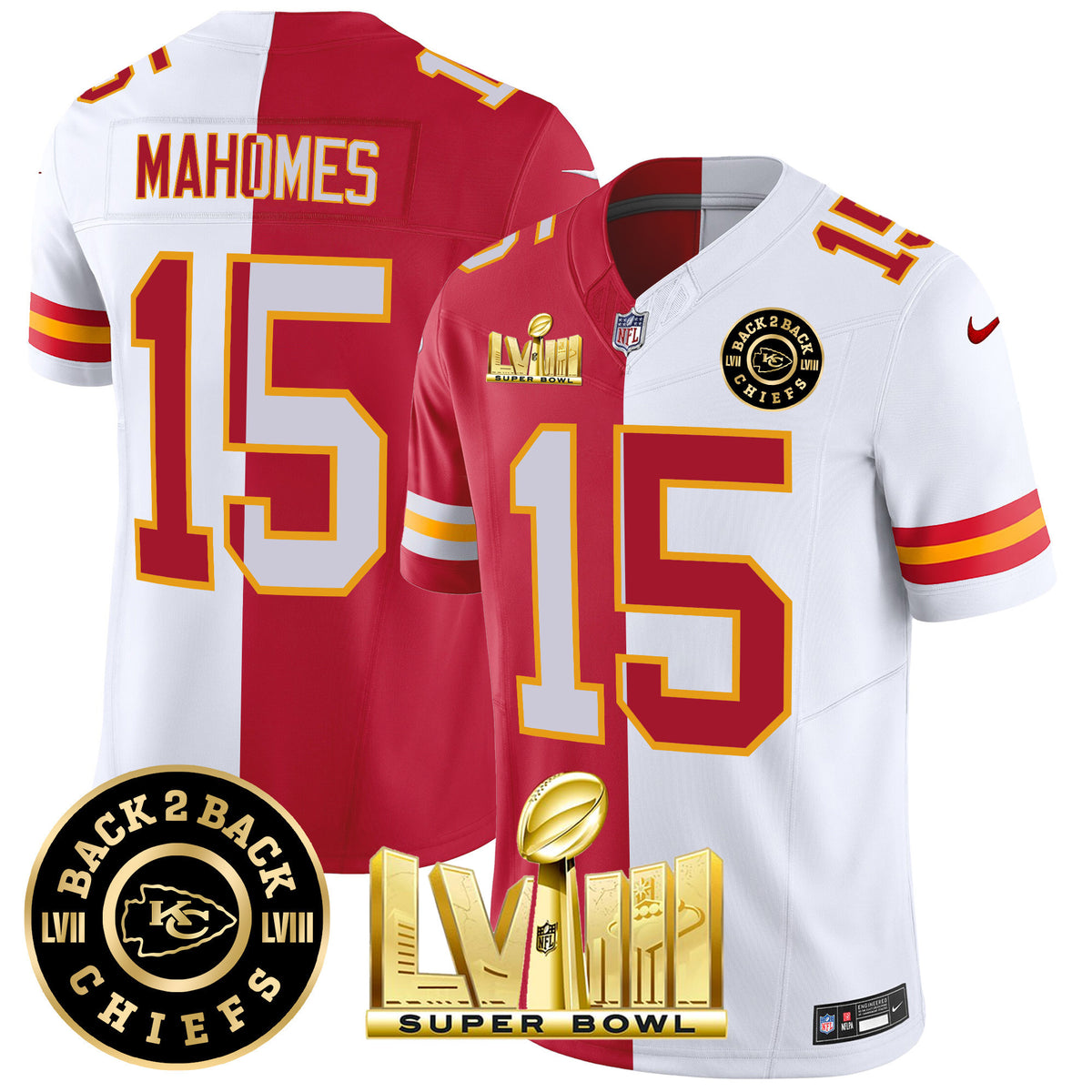 Men's Chiefs Super Bowl LVIII & Back 2 Back Patch Vapor Jersey V4 - All Stitched - Split - Patrick Mahomes — view 1