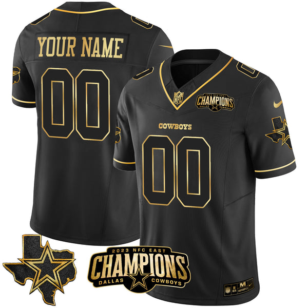Cowboys 2023 NFC East Champions Patch Gold Vapor Custom Jersey - All Stitched - Black Gold — view 1
