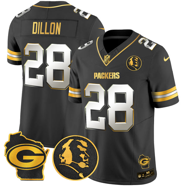 Men's Packers John Madden & Home Patch Gold Vapor Limited Jersey - All Stitched - Black Limited - AJ Dillon — view 1