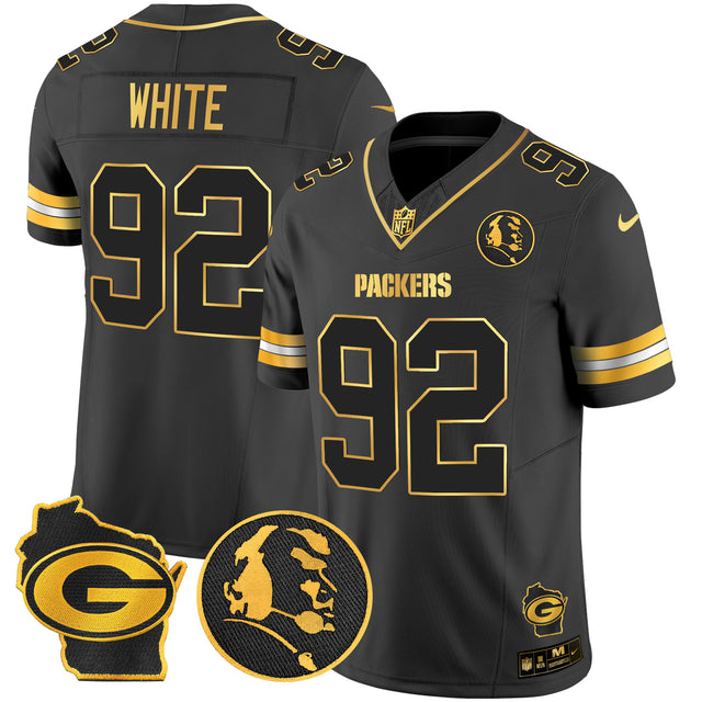 Men's Packers John Madden & Home Patch Gold Vapor Limited Jersey - All Stitched - Black Gold - Reggie White — view 1