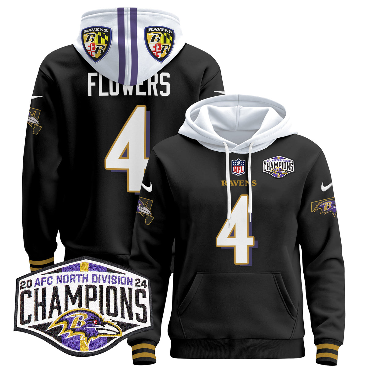 Men's Baltimore Ravens 2024 AFC North Division Champions Patch Pullover Hoodie V2 - All Stitched - Black - Zay Flowers — view 1