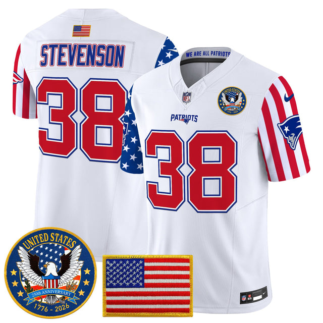 Men's New England Patriots America250 Edition Vapor Limited Jersey - All Stitched - White - Rhamondre Stevenson — view 1