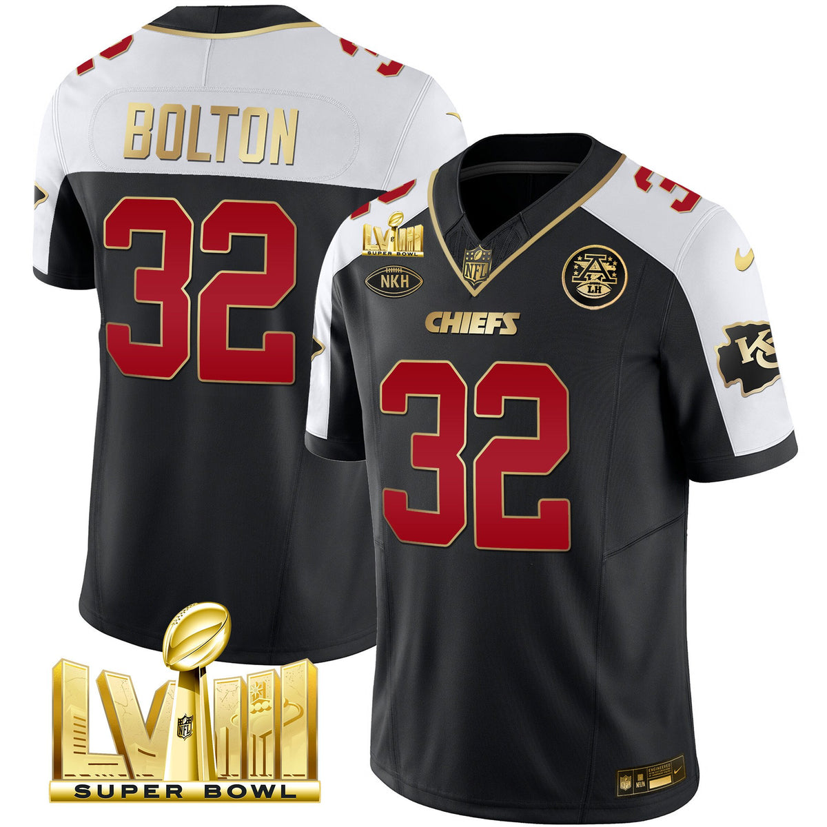 Men's Chiefs Super Bowl LVIII Gold Patch Vapor Jersey V2 - All Stitched - Black Alternate - Nick Bolton — view 1