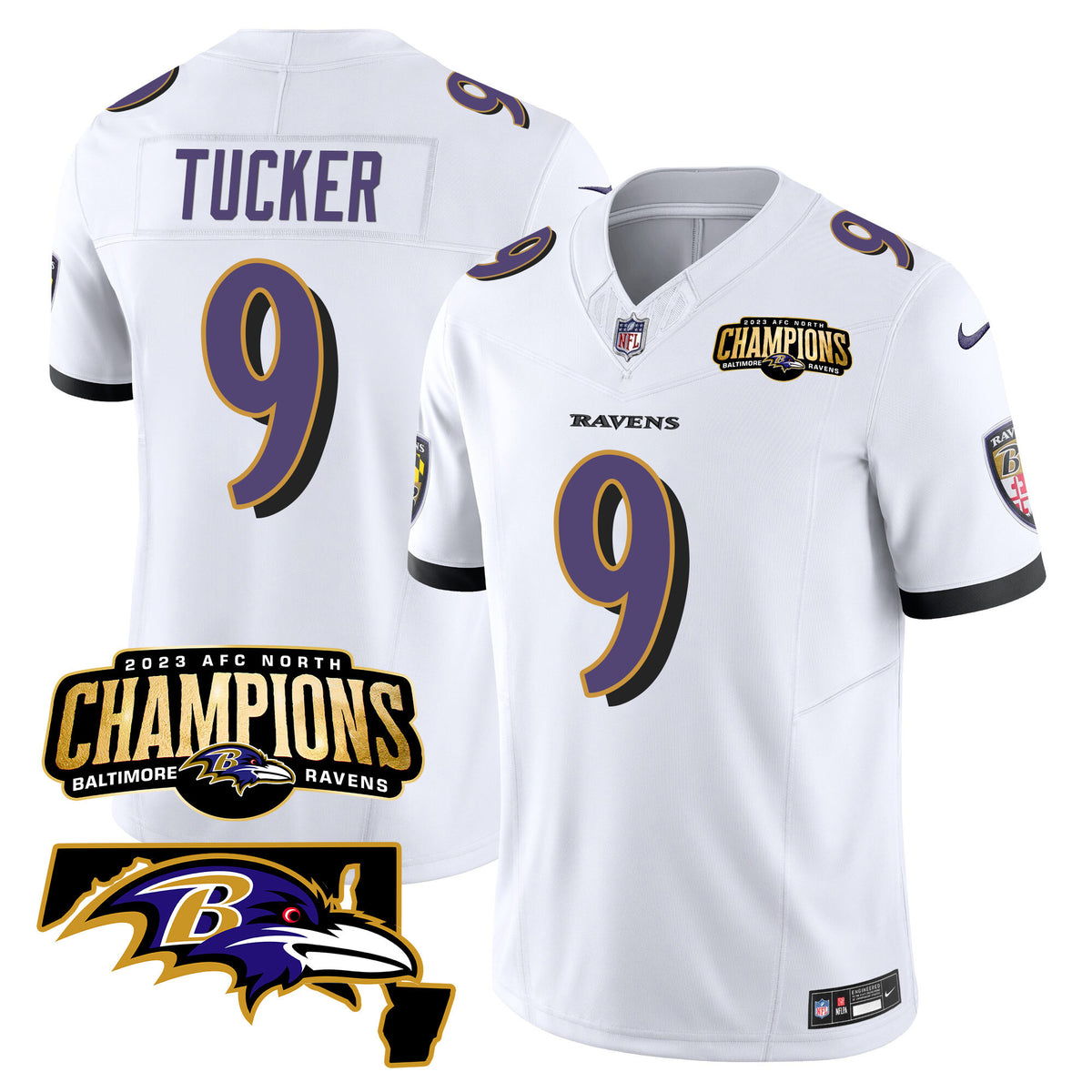 Men's Ravens 2023 AFC North Champions & Maryland Patch Vapor Jersey - All Stitched - White - Justin Tucker — view 1
