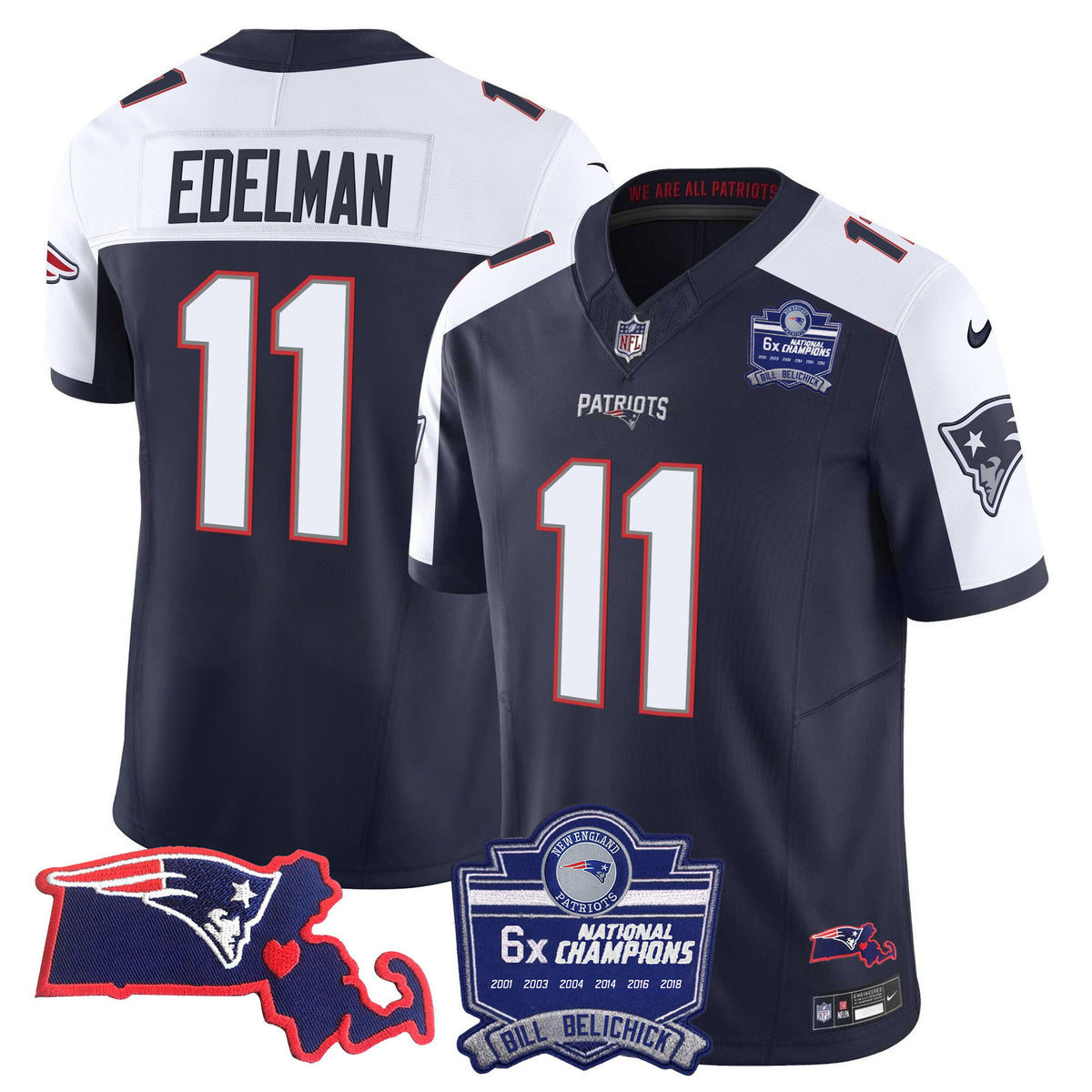 Men's Patriots Bill Belichick 6x Champions Patch Vapor Jersey - All Stitched - Alternate - Julian Edelman — view 1