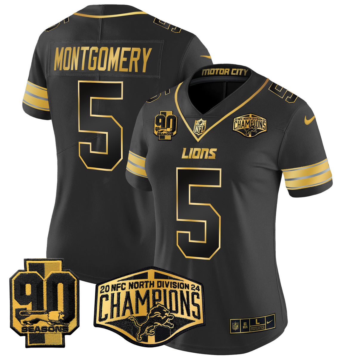 Women's Detroit Lions 2024 NFC North Division Champions Patch Gold Vapor Limited Jersey - All Stitched - Black Gold - David Montgomery — view 1