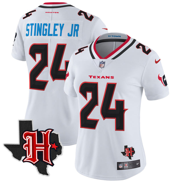 Women's Houston Texans 2024 Texas Patch Vapor Limited Jersey V5 - All Stitched - White - Derek Stingley Jr — view 1