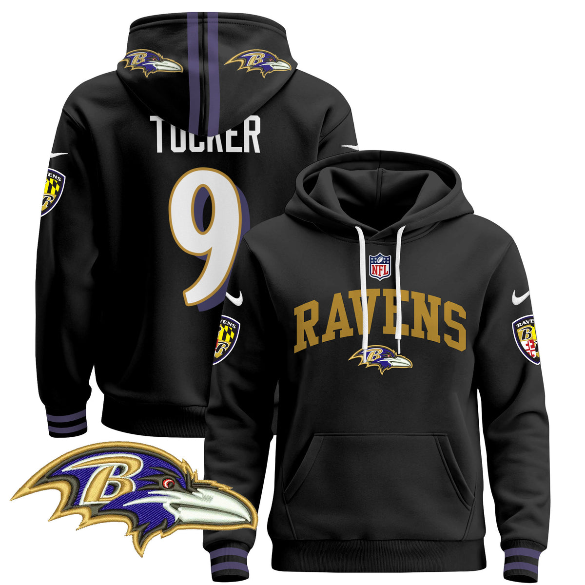 Men's Baltimore Ravens 2024 Pullover Hoodie V2 - All Stitched - Black - Justin Tucker — view 1