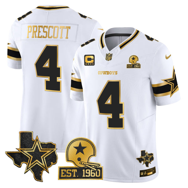 Men's Dallas Cowboys Est. 1960 & Texas Patch Gold Vapor Limited Jersey - All Stitched - White Gold - Dak Prescott — view 1