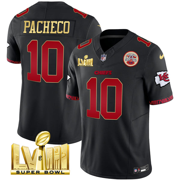 Men's Chiefs Super Bowl LVIII Pattern Gold Vapor Jersey V2 - All Stitched - Gold Trim - Isiah Pacheco — view 1