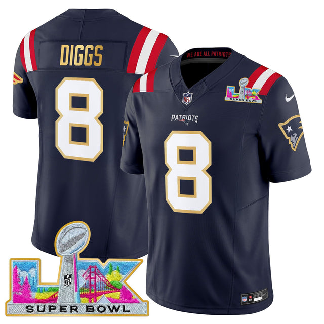 Men's New England Patriots Super Bowl LX Gold Trim Vapor Limited Jersey - All Stitched - Navy - Stefon Diggs — view 1