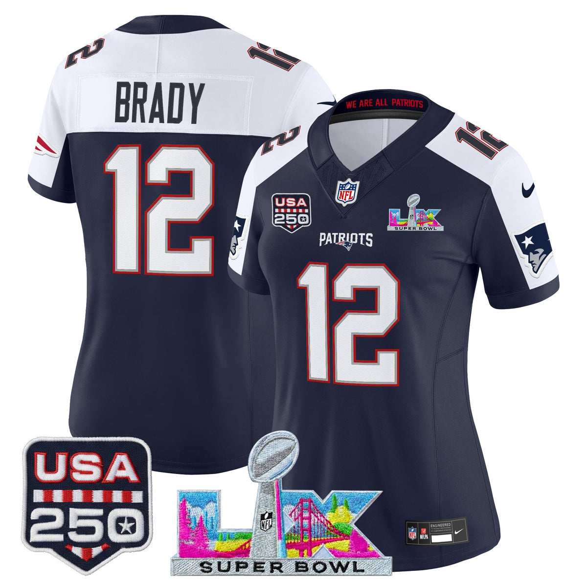 Women's New England Patriots Super Bowl LX & United States 250th Anniversary Patch Vapor Limited Jersey - All Stitched - Navy Alternate - Tom Brady — view 1