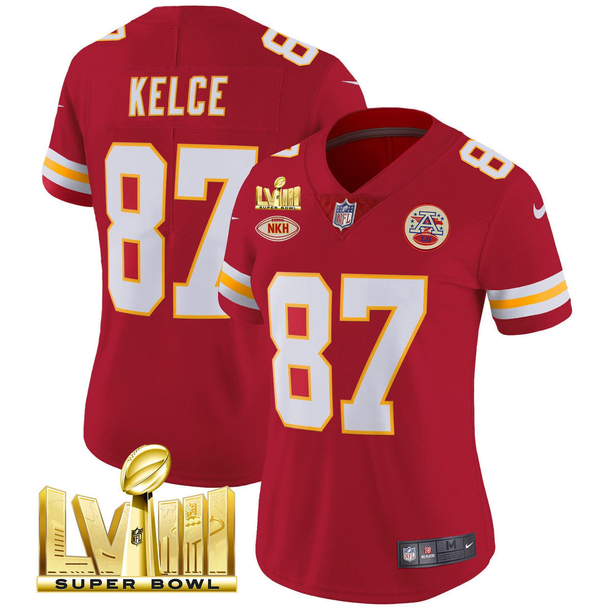 Women's Chiefs Super Bowl LVIII Gold Patch Vapor Jersey V2- All Stitched - Red - Travis Kelce — view 1