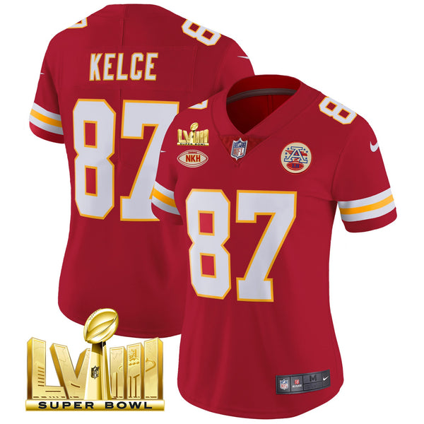 Women's Chiefs Super Bowl LVIII Gold Patch Vapor Jersey V2- All Stitched - Red - Travis Kelce — view 1