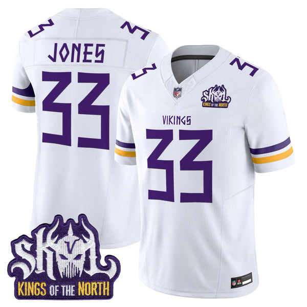 Men's Minnesota Vikings Norse Heritage Edition Kings Of The North Patch Vapor Limited Jersey - All Stitched - White - Aaron Jones — view 1