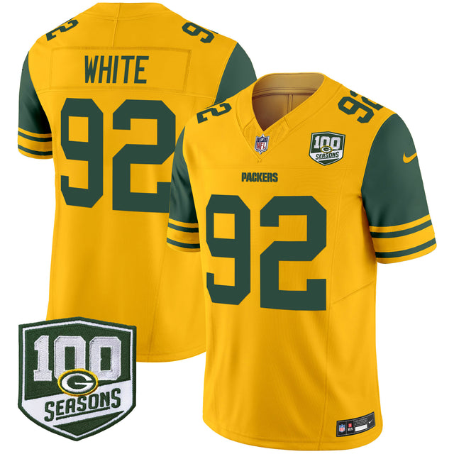Men's Green Bay Packers Throwback 100th Season Patch Vapor Limited Jersey - All Stitched - Gold - Reggie White — view 1