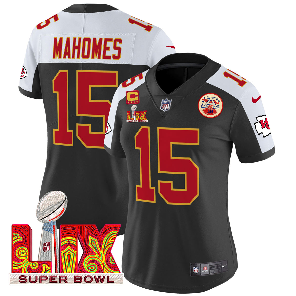Women's Chiefs Super Bowl LIX Patch Vapor Limited Jersey - All Stitched - Black Alternate - Patrick Mahomes — view 1