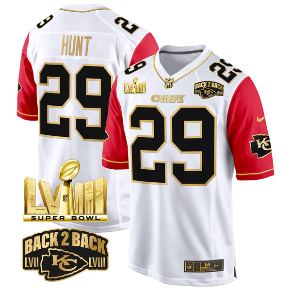 Men's Chiefs Super Bowl LVIII & Back 2 Back Gold Game Jersey - All Stitched - Color Sleeves - Kareem Hunt — view 1