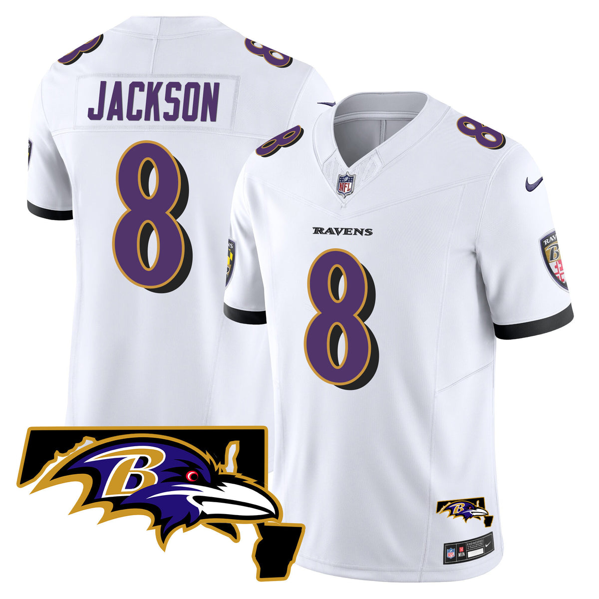 Men's Ravens Maryland Patch Vapor Limited Jersey - All Stitched - White - Lamar Jackson — view 1