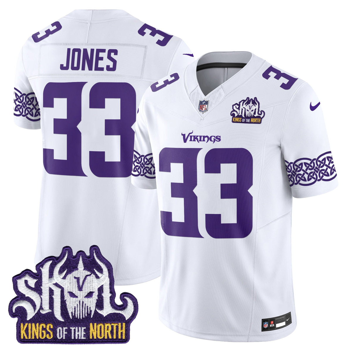 Men's Minnesota Vikings Kings Of The North Patch Vapor Limited Jersey V2 - All Stitched - White - Aaron Jones — view 1