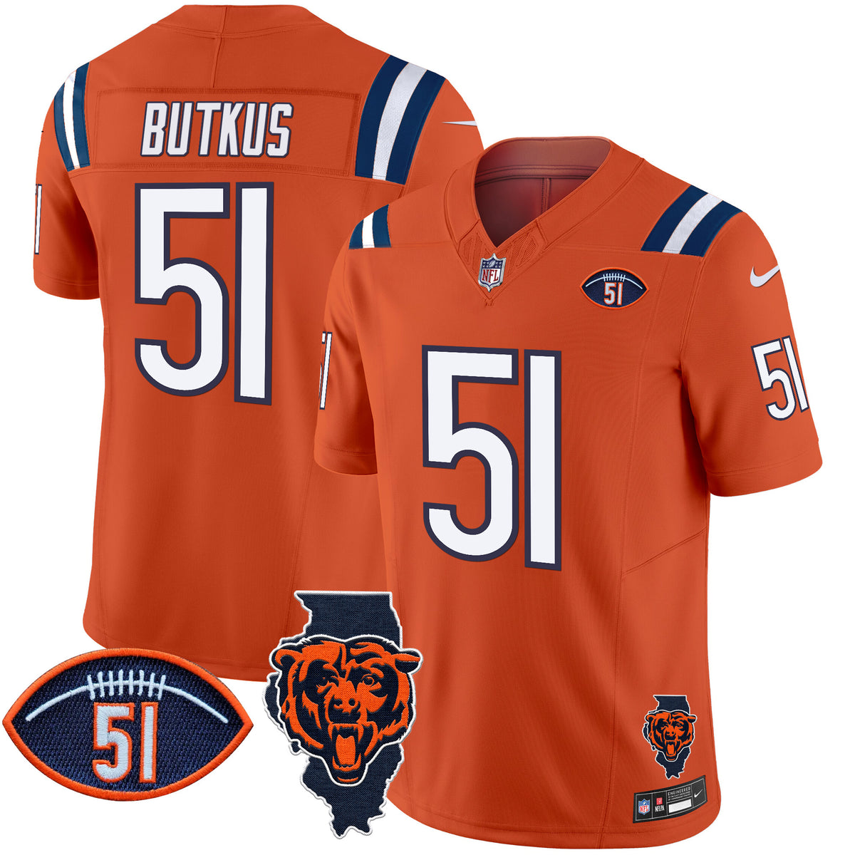 Men's Bears Illinois Patch Vapor Limited Jersey V2 - All Stitched - Orange - Dick Butkus — view 1