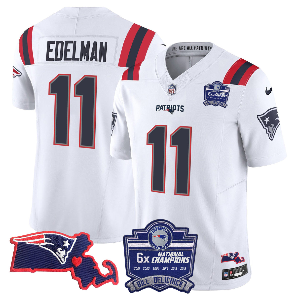 Women's Patriots Bill Belichick 6x Champions Patch Vapor Jersey - All Stitched - White - Julian Edelman — view 1
