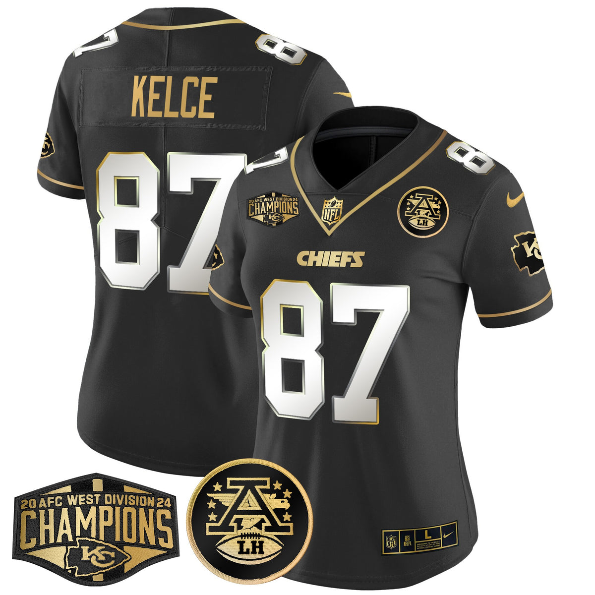 Women's Chiefs 2024 AFC West Division Champions Patch Gold Vapor Limited Jersey - All Stitched - Black Limited - Travis Kelce — view 1