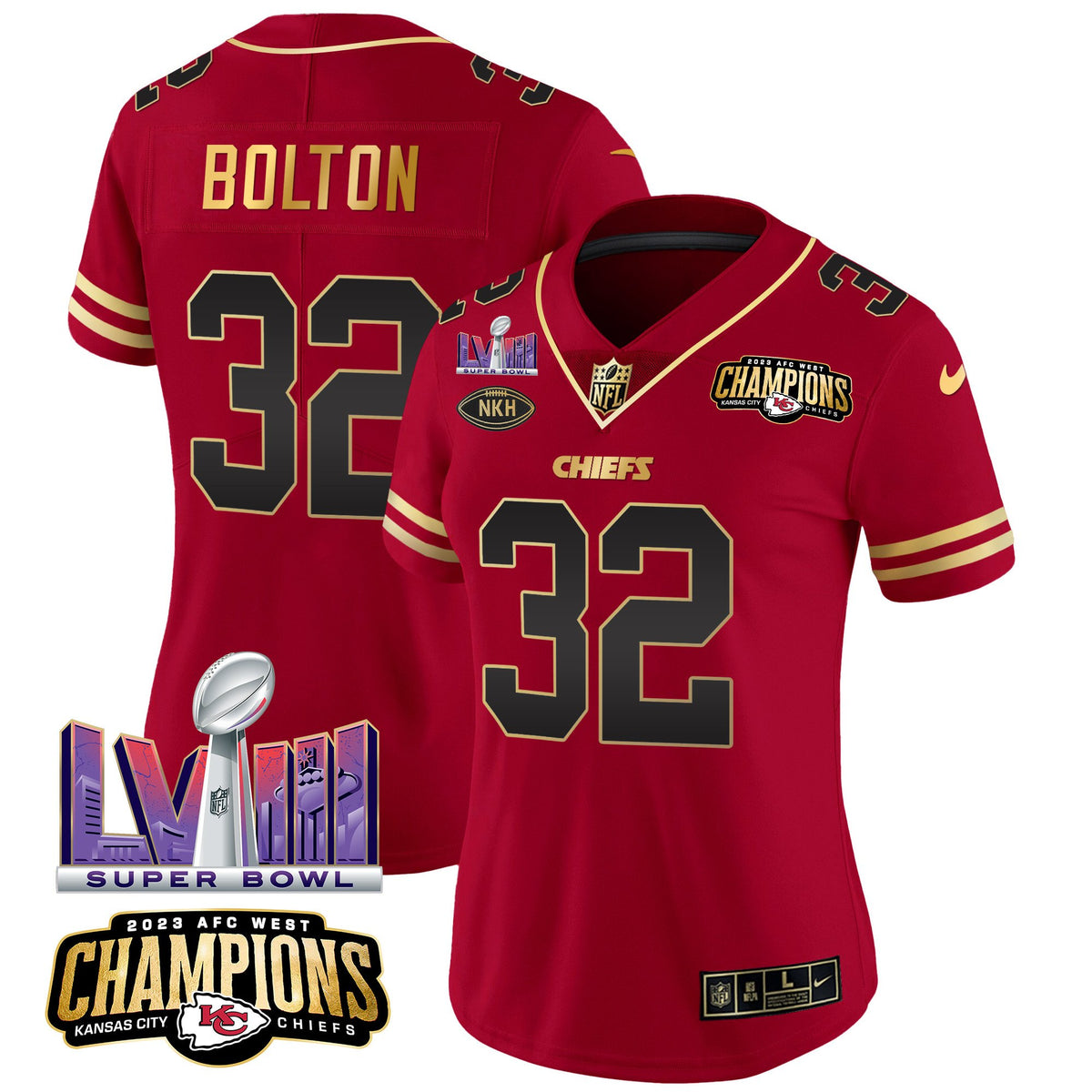 Women's Chiefs AFC West Champions & Super Bowl LVIII Patch Vapor Jersey - All Stitched - Black Red - Nick Bolton — view 1