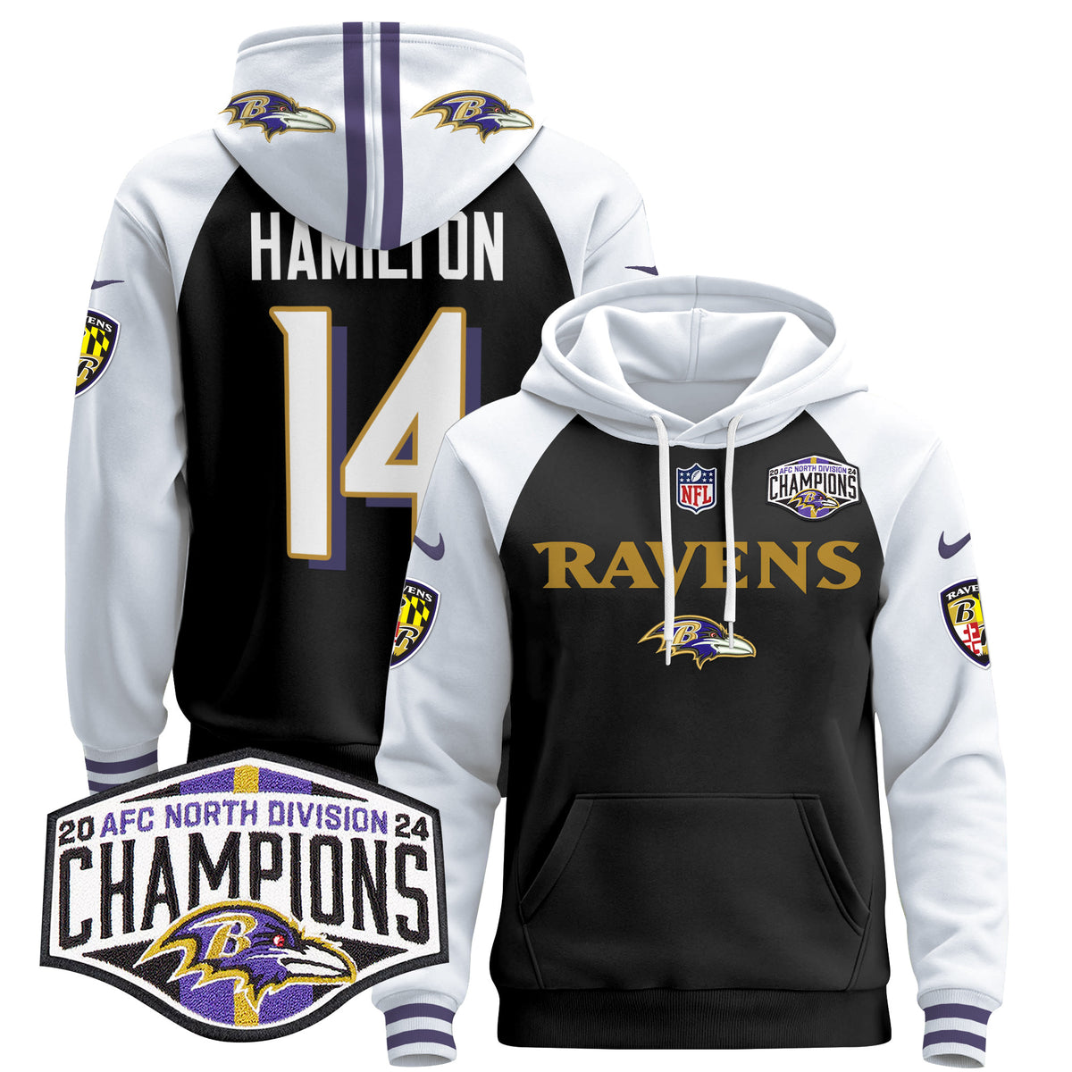 Men's Baltimore Ravens 2024 AFC North Division Champions Patch Pullover Hoodie - All Stitched - Black Alternate - Kyle Hamilton — view 1