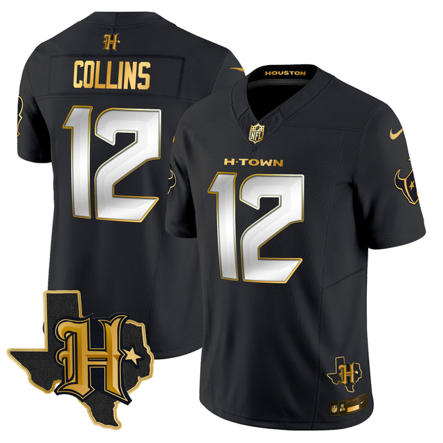 Men's Houston Texans 2024 Texas Patch Gold Vapor Limited Jersey - All Stitched - Black Limited - Nico Collins — view 1