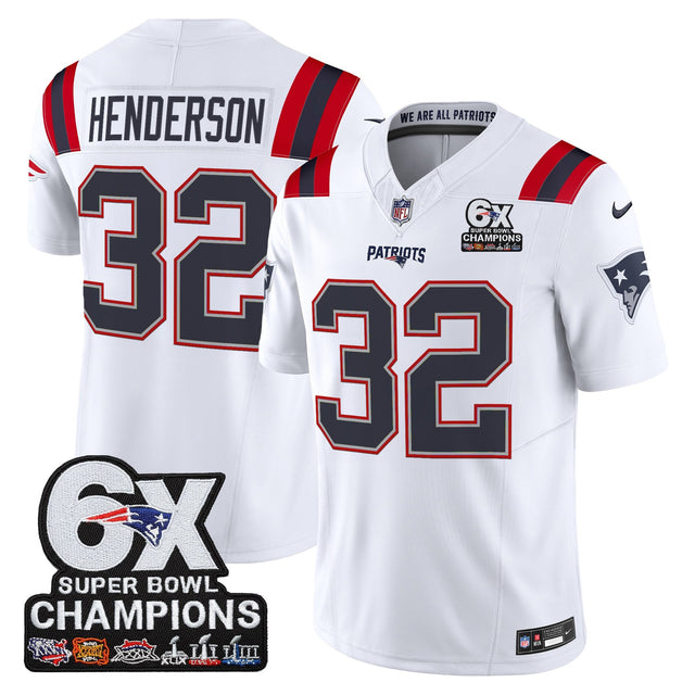 Men's New England Patriots 6-Time Champions Patch Vapor Limited Jersey - All Stitched - White - TreVeyon Henderson — view 1