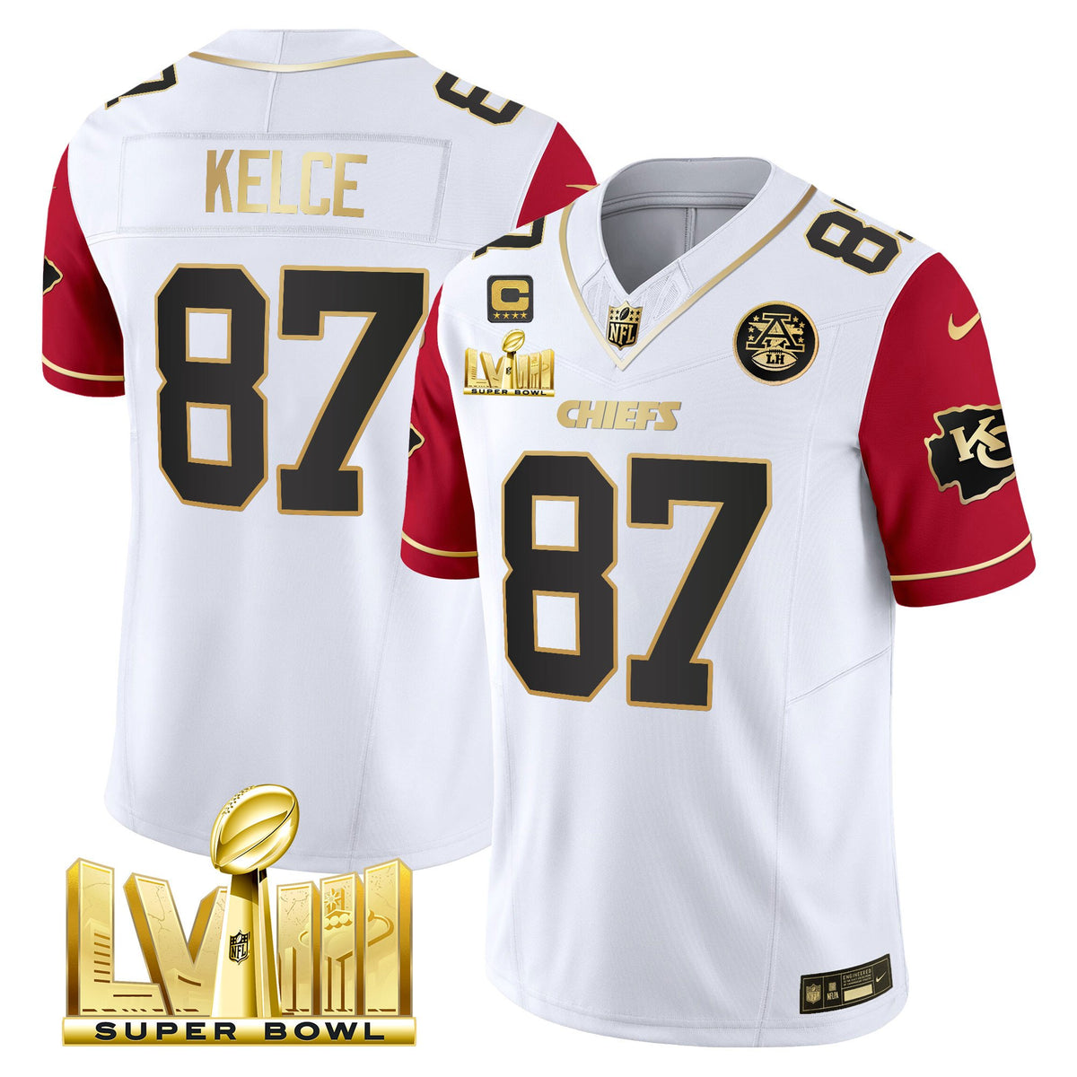 Men's Chiefs Super Bowl LVIII Gold Patch Vapor Jersey V4 - All Stitched - Color Sleeves - Travis Kelce — view 1