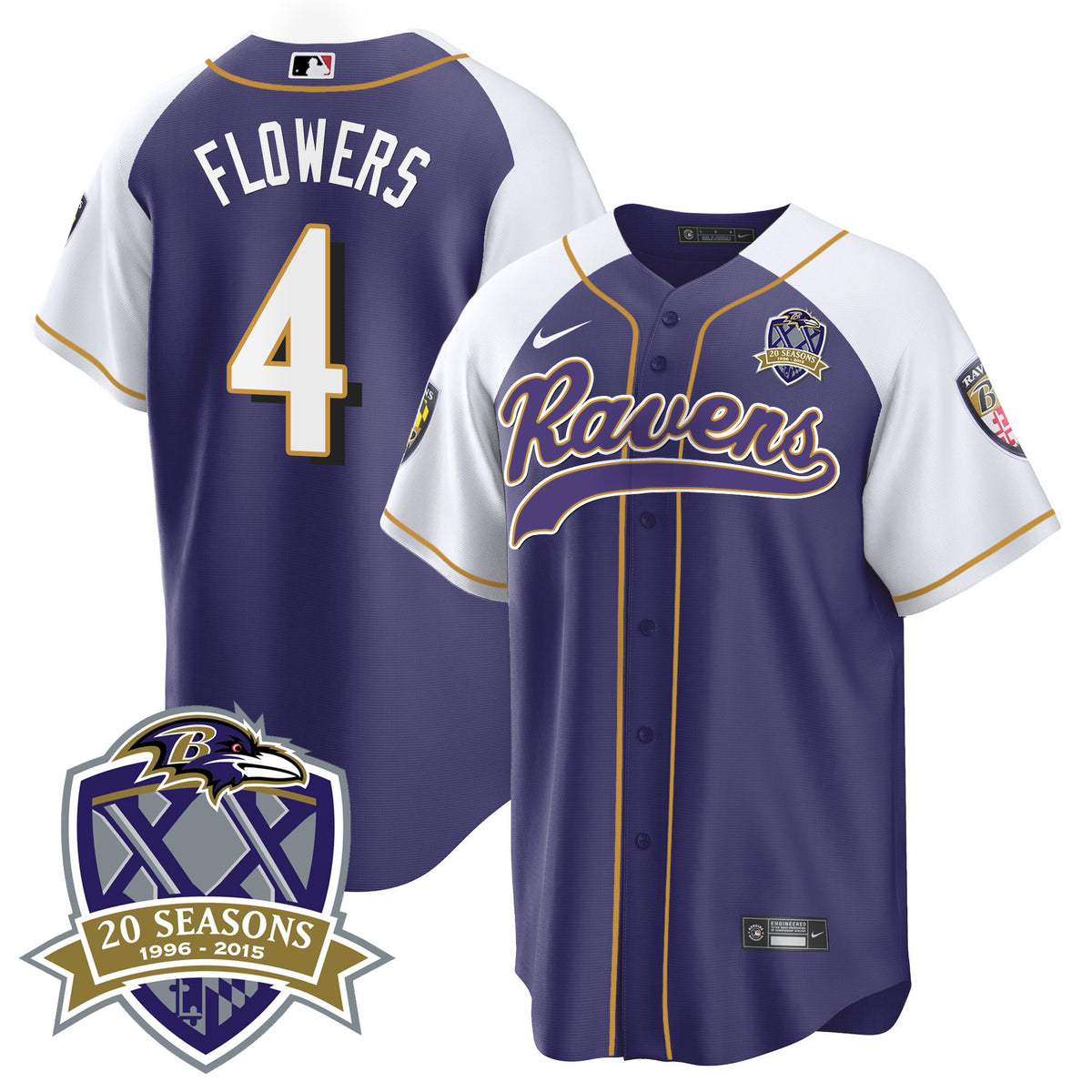 Men's Ravens 20th Season Patch Baseball Jersey - All Stitched - Purple Alternate - Zay Flowers — view 1
