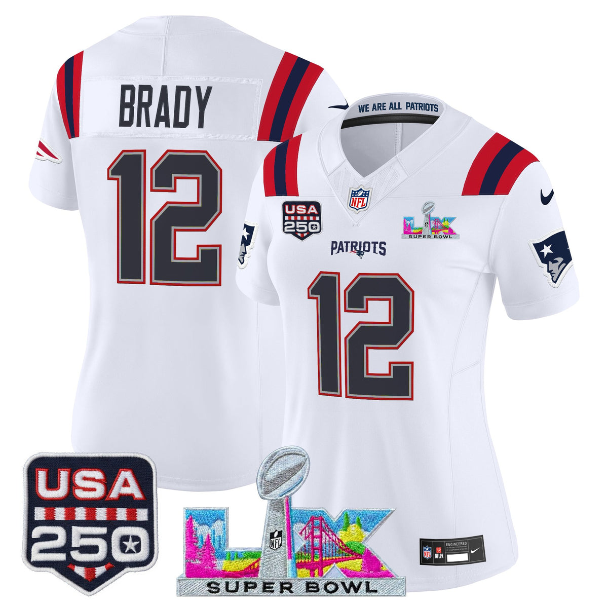 Women's New England Patriots Super Bowl LX & United States 250th Anniversary Patch Vapor Limited Jersey - All Stitched - White - Tom Brady — view 1
