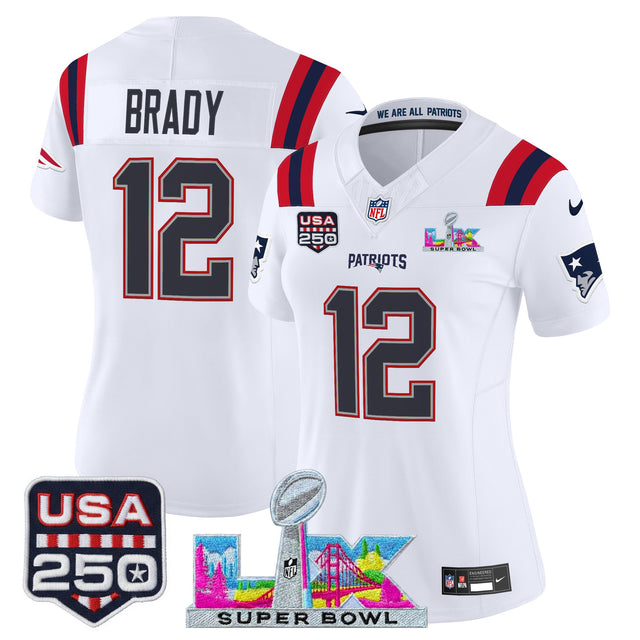 Women's New England Patriots Super Bowl LX & United States 250th Anniversary Patch Vapor Limited Jersey - All Stitched - White - Tom Brady — view 1