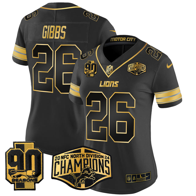 Women's Detroit Lions 2024 NFC North Division Champions Patch Gold Vapor Limited Jersey - All Stitched - Black Gold - Jahmyr Gibbs — view 1
