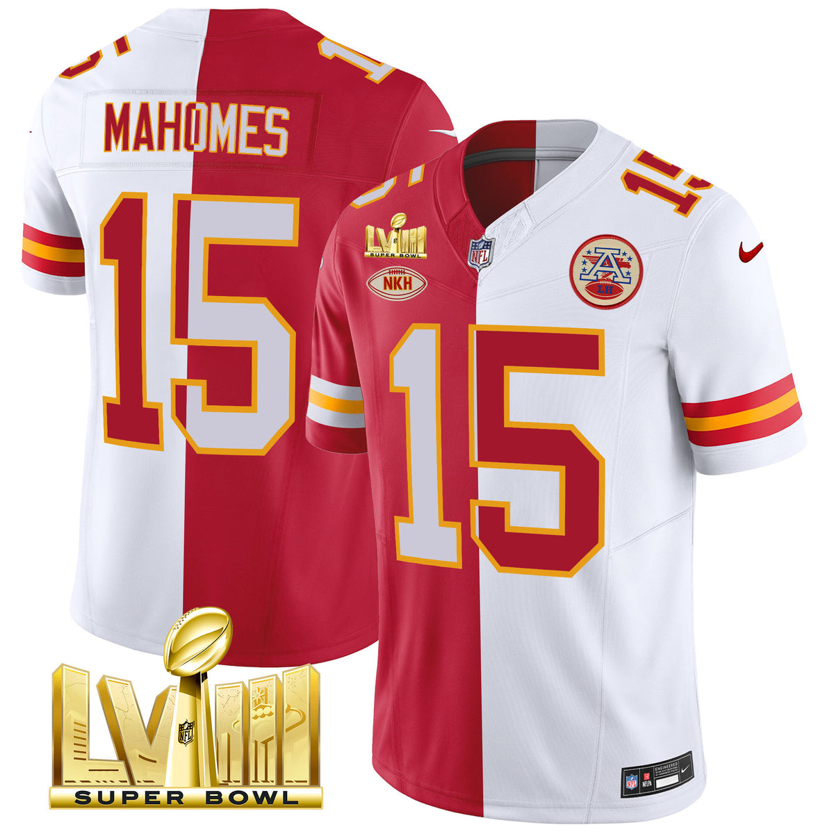 Men's Chiefs Super Bowl LVIII Gold Patch Vapor Jersey V3 - All Stitched - Split - Patrick Mahomes — view 1