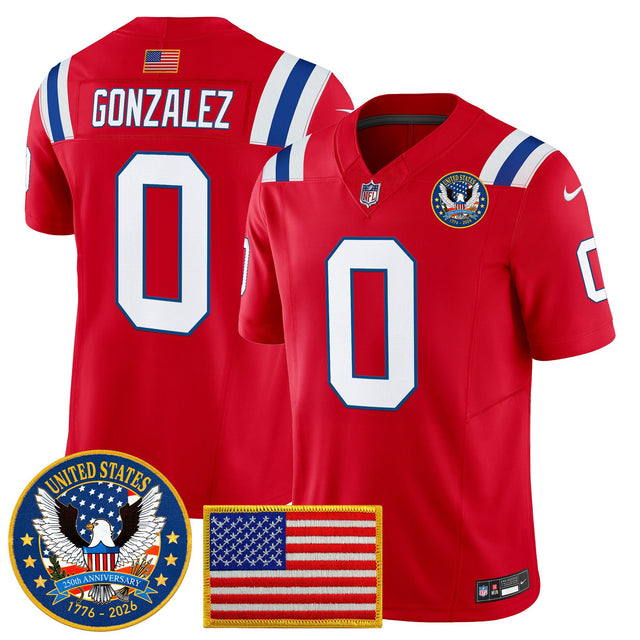 Men's New England Patriots United States 250th Anniversary Patch Vapor Limited Jersey - All Stitched - Red - Christian Gonzalez — view 1