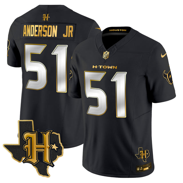 Men's Houston Texans 2024 Texas Patch Gold Vapor Limited Jersey - All Stitched - Black Limited - Will Anderson Jr — view 1