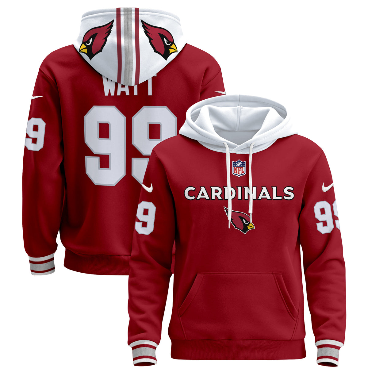 Men's Arizona Cardinals 2024 Pullover Hoodie V3 - All Stitched - Red - J.J. Watt — view 1