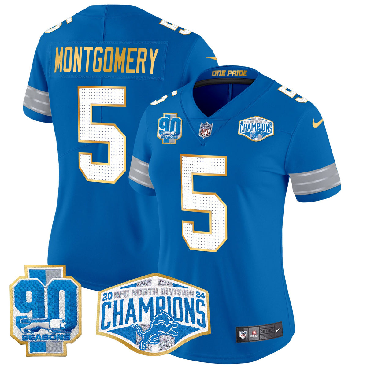 Women's Detroit Lions 2024 NFC North Division Champions Patch Gold Trim Vapor Limited Jersey - All Stitched - Blue - David Montgomery — view 1