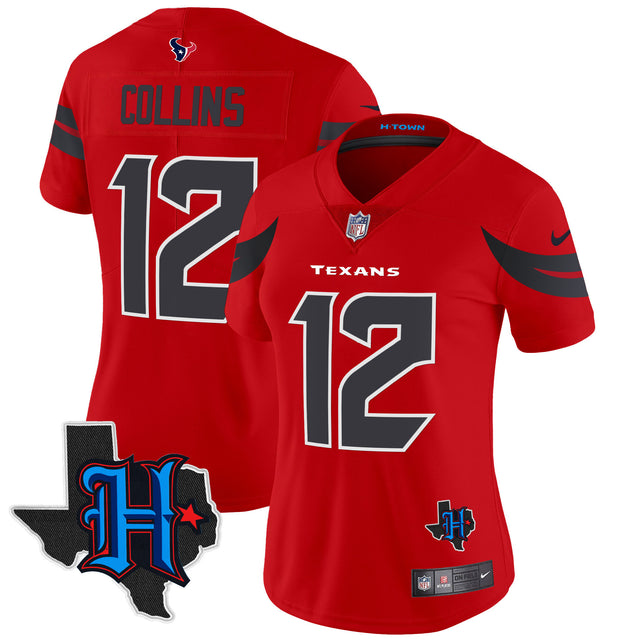 Women's Houston Texans 2024 Texas Patch Vapor Limited Jersey V2 - All Stitched - Red - Nico Collins — view 1