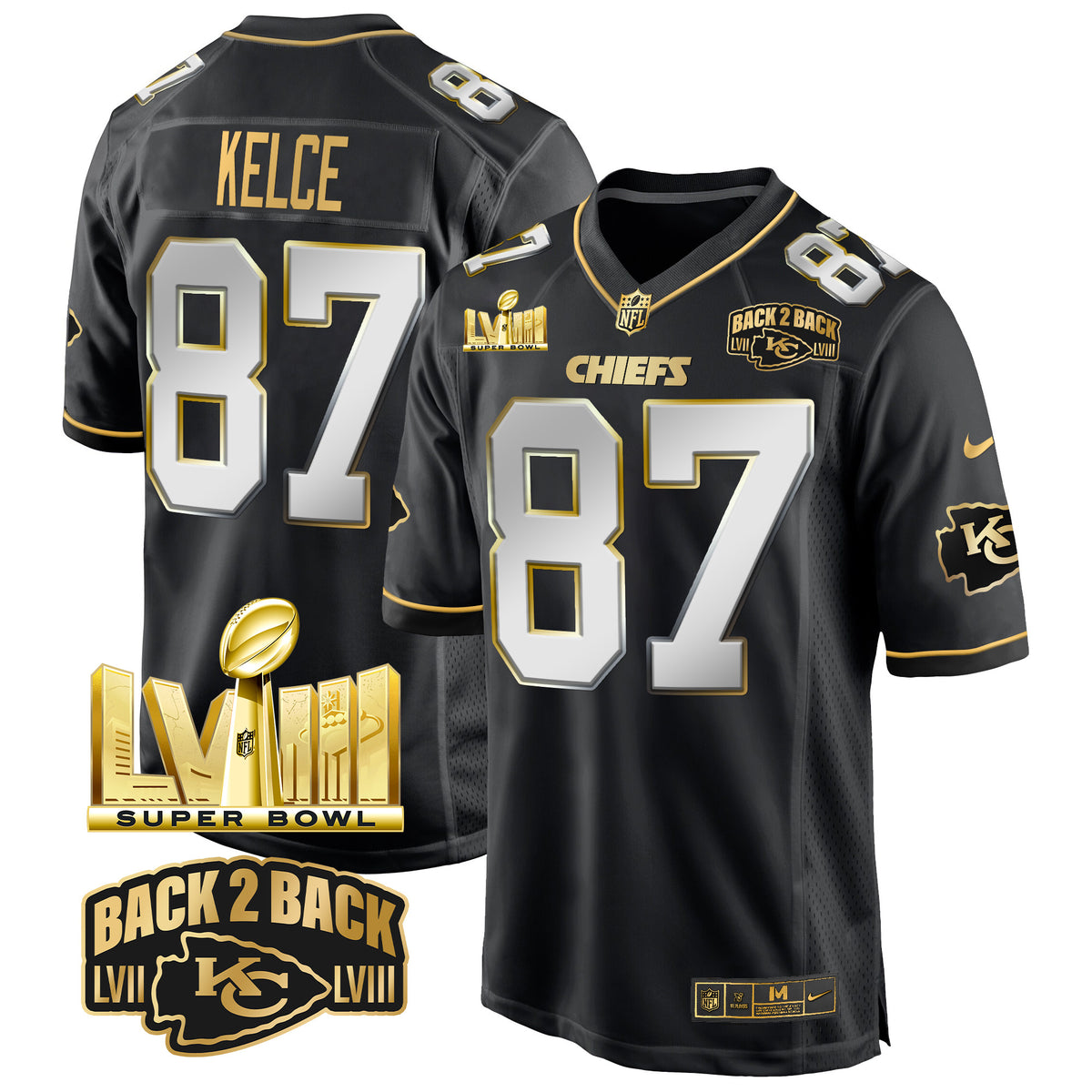 Men's Chiefs Super Bowl LVIII & Back 2 Back Gold Game Jersey - All Stitched - Black Limited - Travis Kelce — view 1