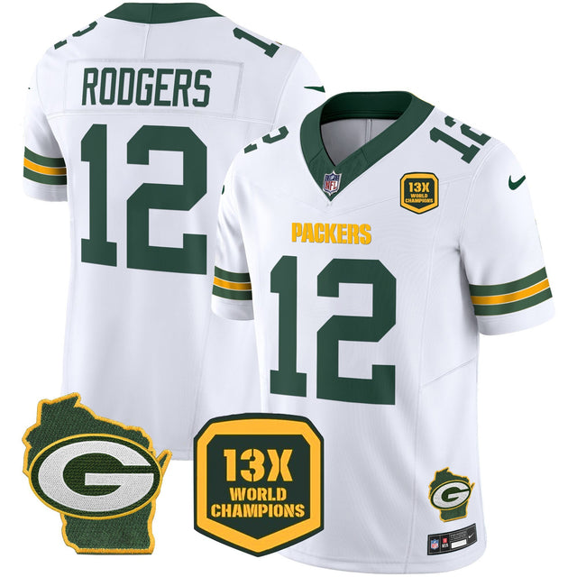 Men's Packers 13 Time World Champions & Home Patch Vapor Jersey – All Stitched - White - Aaron Rodgers — view 1